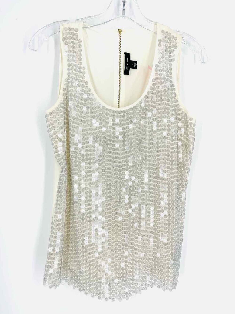 St. John Size 2 Cream/Silver Sequined Designer Top-Sleeveless